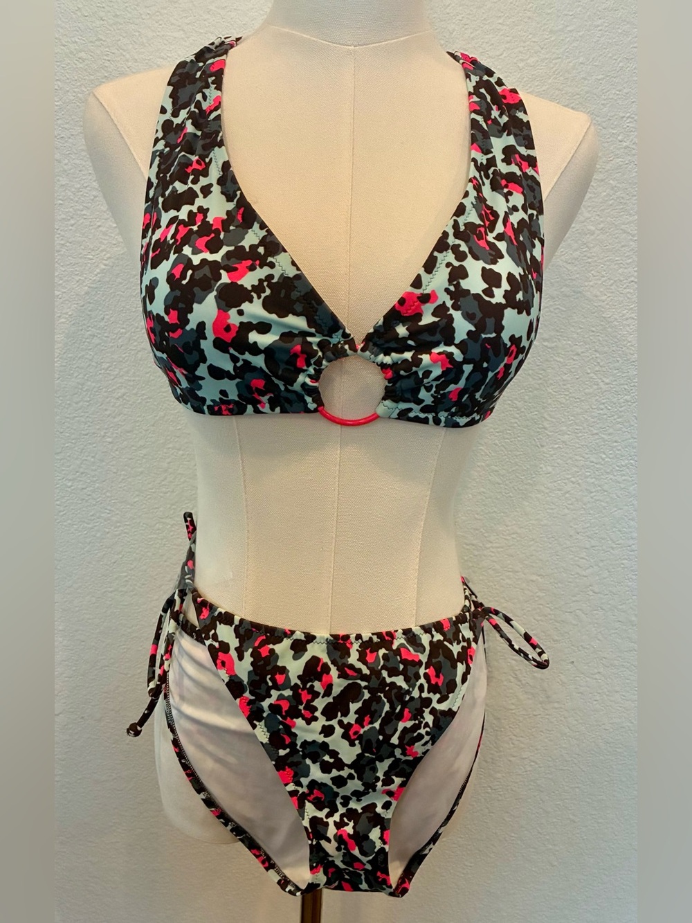 Victorias Secret Leopard Pink Black Bandeau Top Tie String Bottoms Bikini Swim